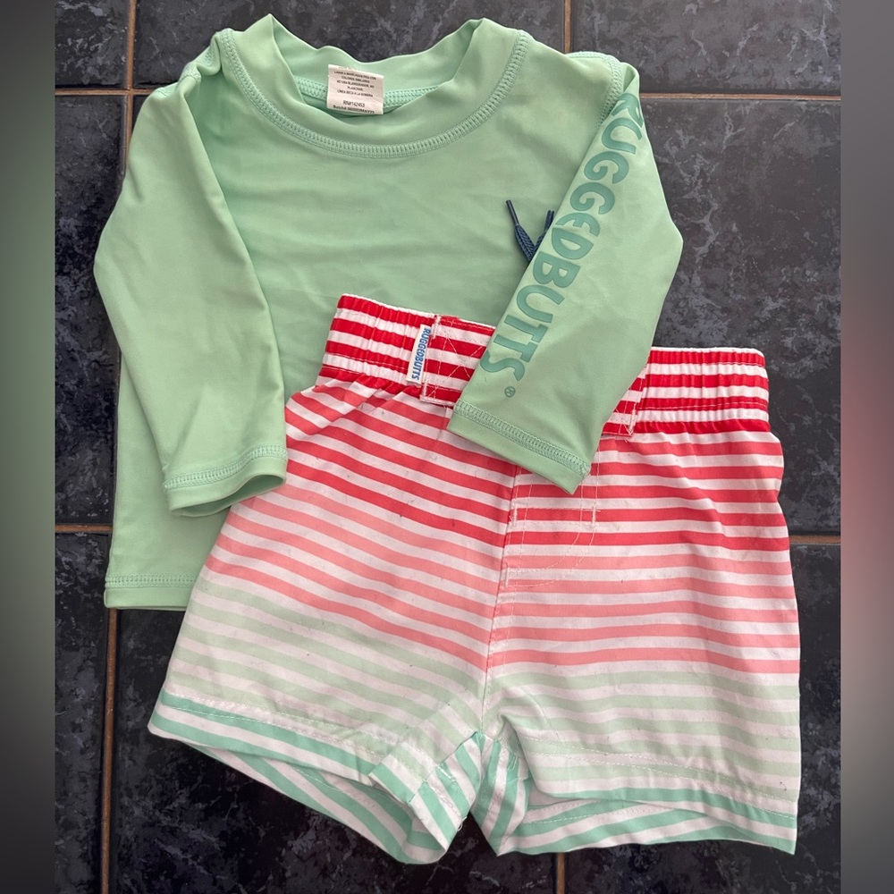 Rugged Butts 3-6 month Swim trunks & rash guard.